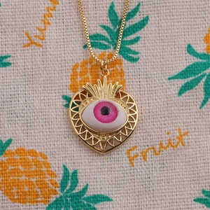 Collier cœur doré à la mode avec pendentif œil maléfique rose sur chaîne fine dorée