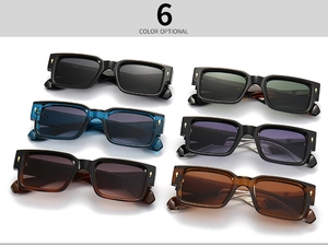 Vertical collage showing six color variations of stylish square plastic frame sunglasses