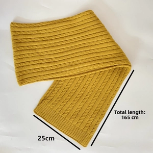 Detail of yellow cable-knit scarf showing 165cm length and 25cm width dimensions