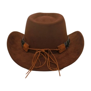 Close-up detail of a brown felt cowboy hat with decorative patterned fabric band.