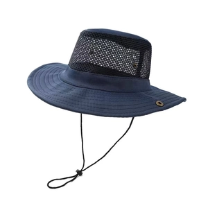 Detail of navy blue sun hat featuring breathable mesh panels and adjustable chin strap
