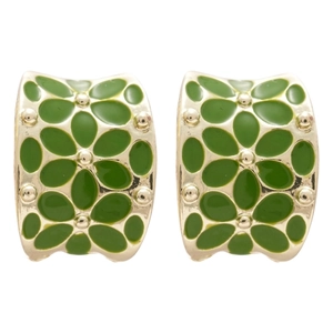 Minimalist C-shaped green enamel flower earrings with gold plating on white background
