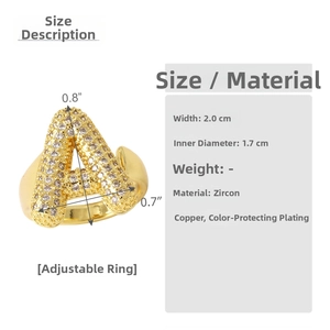 Detailed size specifications for gold plated zircon letter A ring with 2cm width