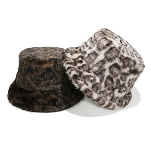 Brown and grey leopard print faux fur bucket hats for women winter warm accessory