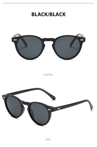 Retro round polarized sunglasses with silver metal rivets shown in front and side views