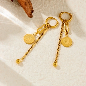 Golden double-layer tassel earrings with Queen Elizabeth II coin charms and beads