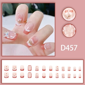 Faux ongles French style avec tulipe 3D, papillon et perles, coffret de 24 pièces