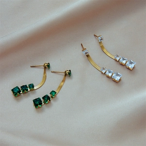 Modern square emerald and white zircon drop earrings with golden snake chains