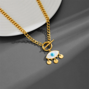 Collier en acier doré avec pendentif œil maléfique en nacre et trois petits disques d'or