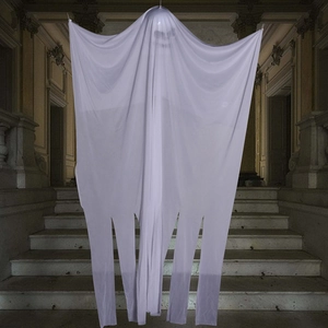 Ghostly white hanging skeleton with sheer fabric drapes for scary Halloween decor