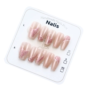 Pink cat eye mermaid nails with golden leaf art on a handmade 10-piece display card