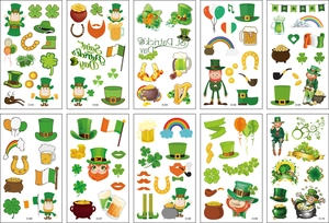 Set of 10 Saint Patrick's Day temporary tattoos featuring clover, rainbow, and green hats