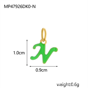 Detail of green enamel letter N pendant in gold-plated steel with size and weight info