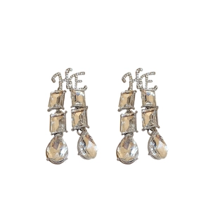 Elegant silver HE letter earrings set with square and water drop crystal tassels