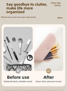 Silicone makeup brush storage pouch detail showcasing portable travel design and clean organization.