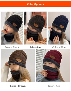 Detailed knit texture and plush lining of winter hat and neck warmer sets in five colors