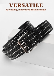 Close-up of black punk leather belt featuring silver metal rivets and double prong buckle