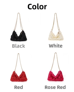 Chic 3D rose flower chain bags in black, white, red, and fuchsia satin finish