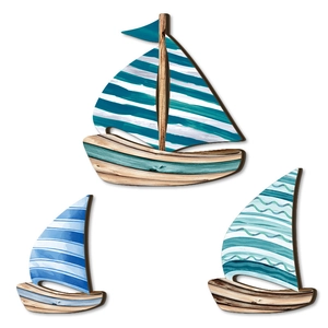 Dreiteiliges Set Wanddeko Segelboot aus Holz mit nautischen Mustern im Mittelmeerstil