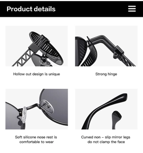 Detail view showing black metal punk frame, silicone nose pads and anti-slip temples