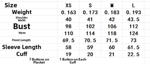 Tableau détaillé des tailles pour chemises à rayures avec mesures du buste et manches