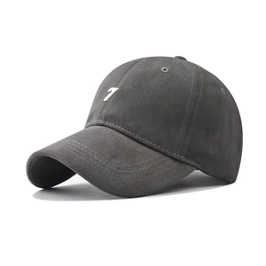 Detail of grey cotton baseball cap with 3D white number 7 embroidery on the front