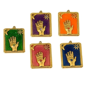 Five colorful vintage tarot enamel palm pendants with moon and star in gold finish
