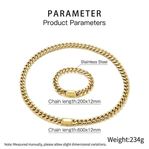 Detailed size parameters of the gold stainless steel Cuban link necklace and bracelet set