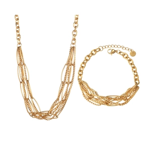 Gold layered stainless steel necklace and bracelet set with oval links and bead chains