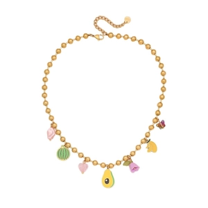 Gold beaded chain necklace with colorful fruit and floral charms on white background