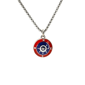 Stainless steel nautical compass necklace with red and blue enamel anchor pendant