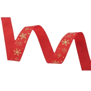 Christmas red ribbon with gold foil snowflake patterns for gift wrapping and decor