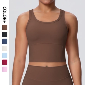 Damen Gebürstetes Nylon Elastan Yoga Top Mit Brustpolstern Stoßfest Schönes Rücken Sport BH Fitness Ärmellos Workout Tanktop
