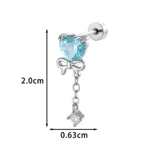 Silver bow cartilage piercing with heart-shaped sea blue zircon and chain pendant