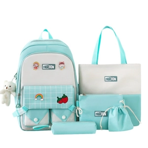 Five-piece student backpack set in blue and grey including tote bag and stationery pouches