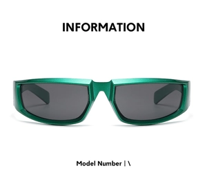 Front view of metallic green sports sunglasses with streamlined frame and dark lenses