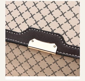 Detail of beige geometric fabric with brown leather trim and golden metal clasp buckle