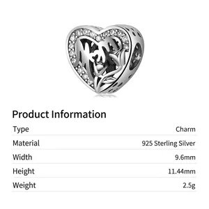 S925 sterling silver hollow heart charm with MOM letter and flower design for DIY bracelets