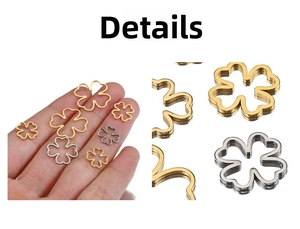 Macro detail of 18k gold and silver hollow clover pendants in various sizes