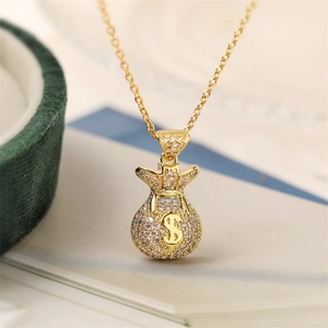 Elegant gold money bag pendant necklace with sparkling zircons and dollar sign charm