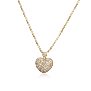 Luxurious gold heart pendant necklace with full pavé cubic zirconia on popcorn chain