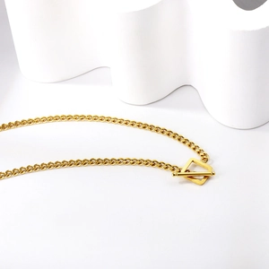 Golden stainless steel Cuban chain necklace with T-bar clasp and tree moon pendant