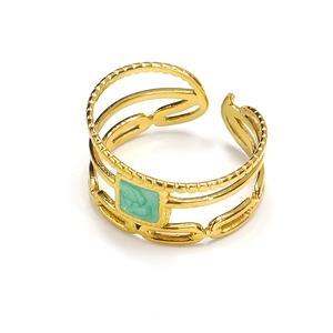Detail of 18K gold plated multi-layer chain ring with green enamel square accent
