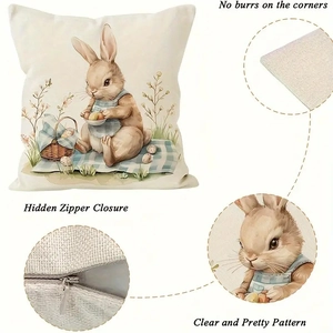 Easter rabbit pillow cover in beige linen with hidden zipper and vintage print