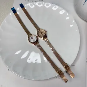Detail of two minimalist rose gold mesh strap quartz watches with roman numeral dials