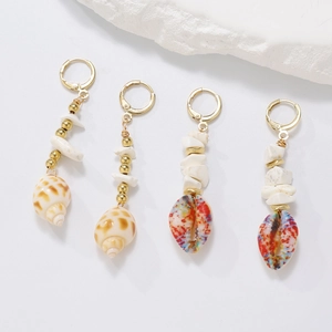 Boho ocean style shell drop earrings with gold beads and colorful natural shell pendants