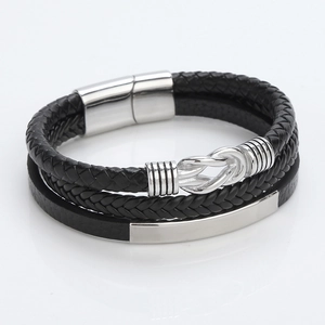 Handmade multilayer black woven leather bracelet with silver metal magnetic clasp and knot