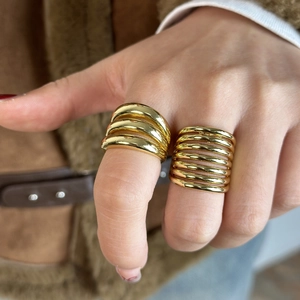 Close-up of 18k gold plated multi-layer stackable rings with high-shine finish.