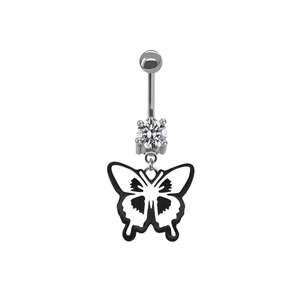 Detailed view of silver navel ring with black and white butterfly pendant and zircon