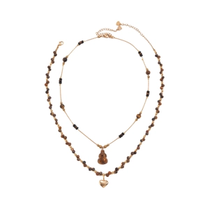 Collier plaqué or 18 carats avec perles œil de tigre et pendentifs cœur et gourde